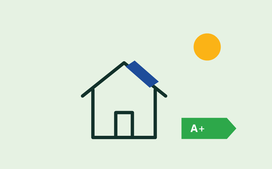 Illustratie van een woning met zonnepanelen en energielabel A+