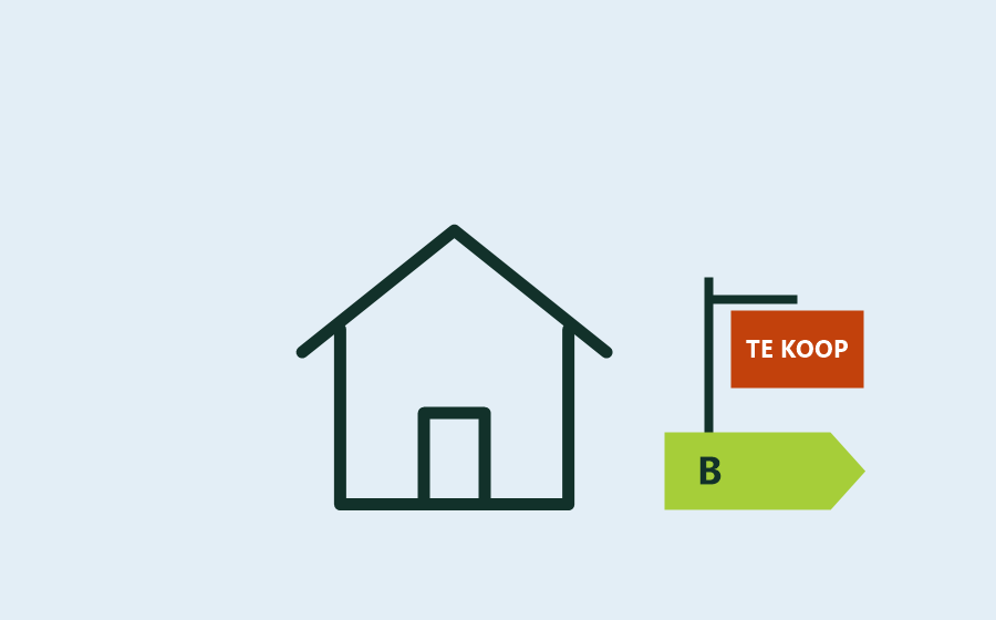 Illustratie van een woning met een te-koopbord en energielabel B